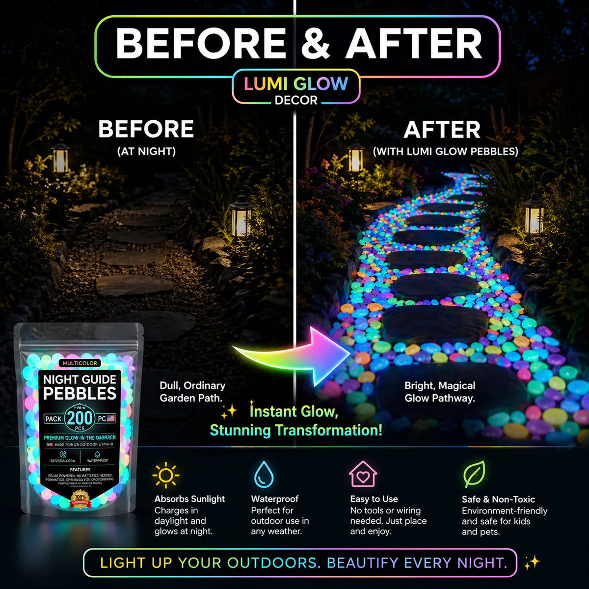 Luminous Stones – Mixed Color Night Glow Stones (150 pcs)