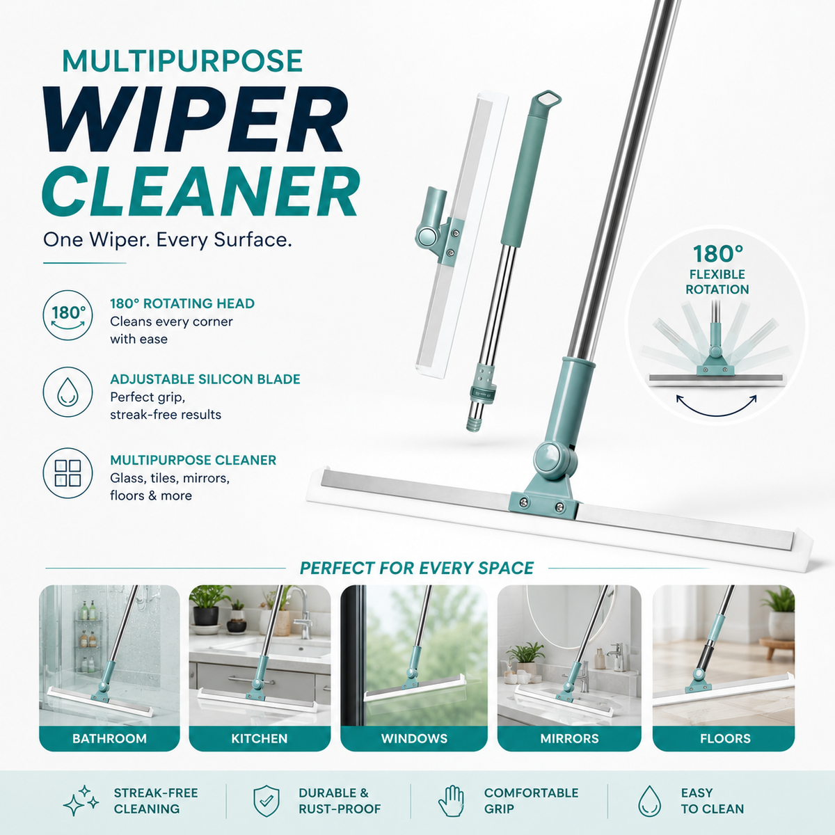 Multipurpose Wiper | Adjustable Silicon Blade | 180° Rotating Head
