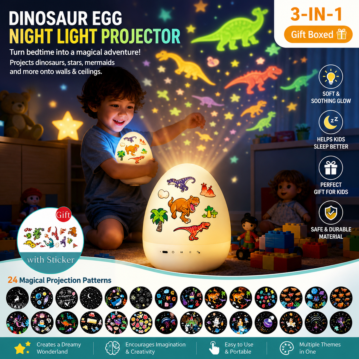 Kids Dinosaur Egg Shape Light Projector with Bluetooth Speaker
