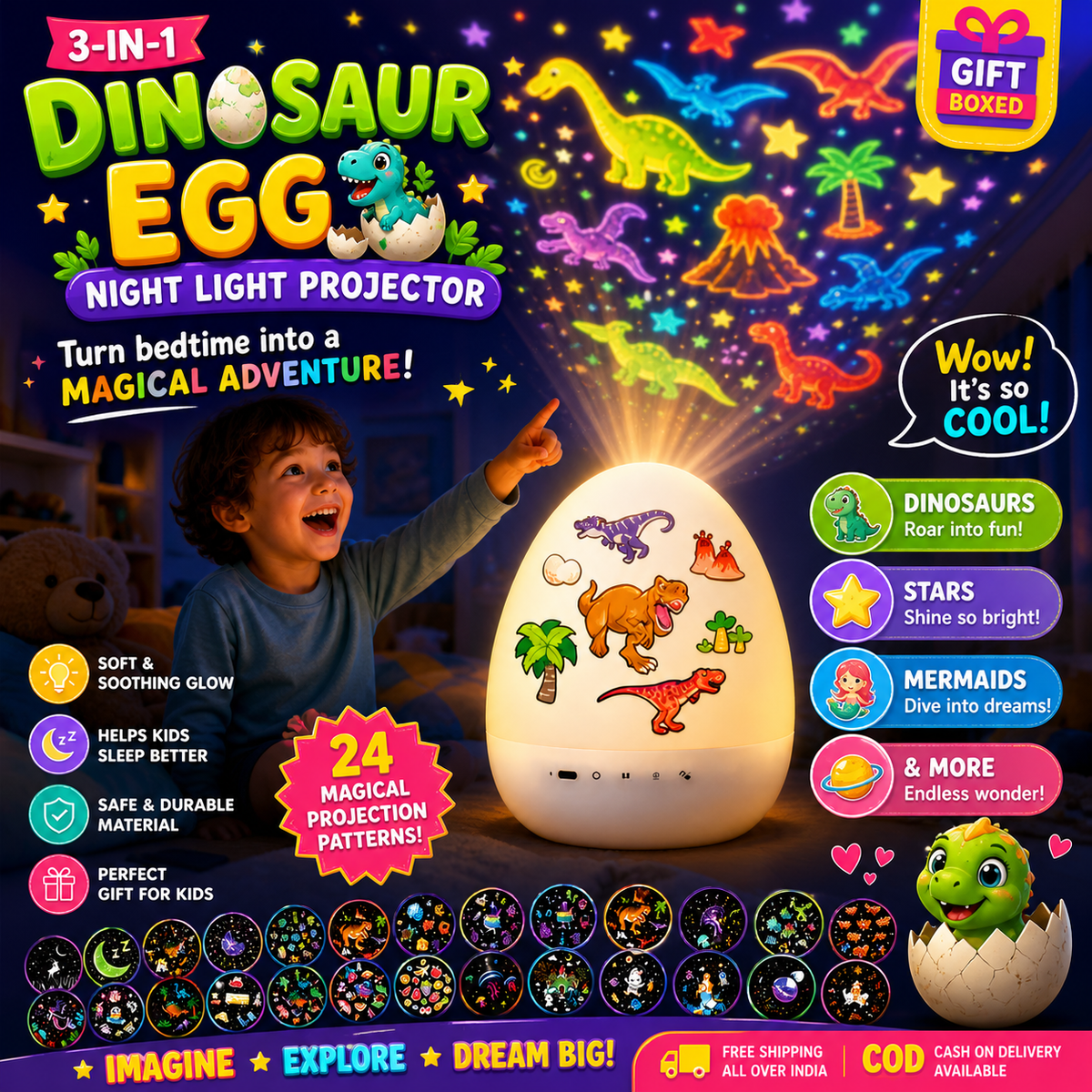 Kids Dinosaur Egg Shape Light Projector with Bluetooth Speaker