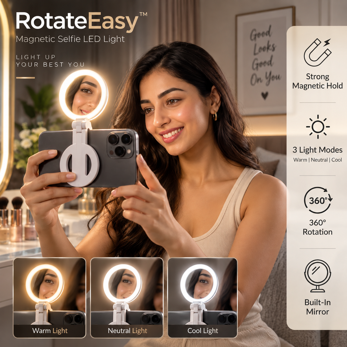 RotateEasy™ -Magnetic Selfie LED Light | Built-In Mirror | 3 Light Modes | 360° Rotation